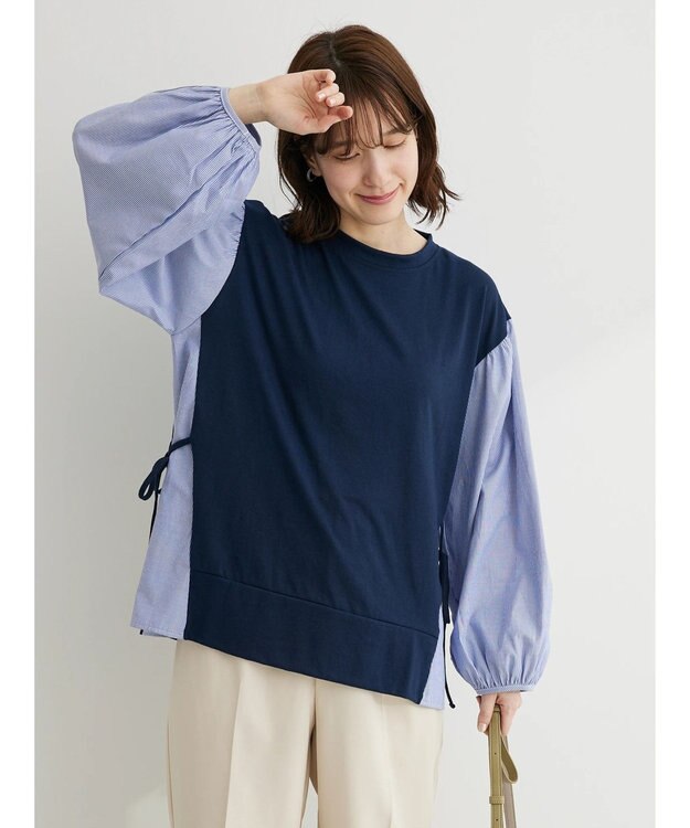 Green Parks 布帛ドッキング脇リボンプルオーバー Navy