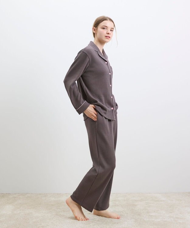 une nana cool 【綿混】ソフトコットンリブ 長袖開襟パジャマ MADE WITH LIBERTY FABRIC アッシュブラウン