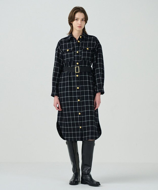 GRACE CONTINENTAL ウールチェックシャツワンピース ネイビー