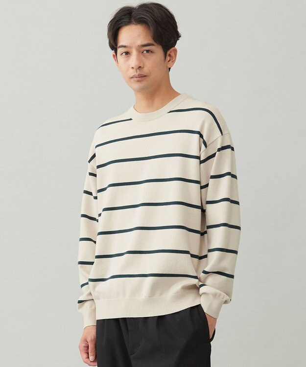 UNFILO MENS 【OCEANS YouTube 掲載/男女兼用】スムースシルキーニット 柄 ボーダー アイボリー×グリーン