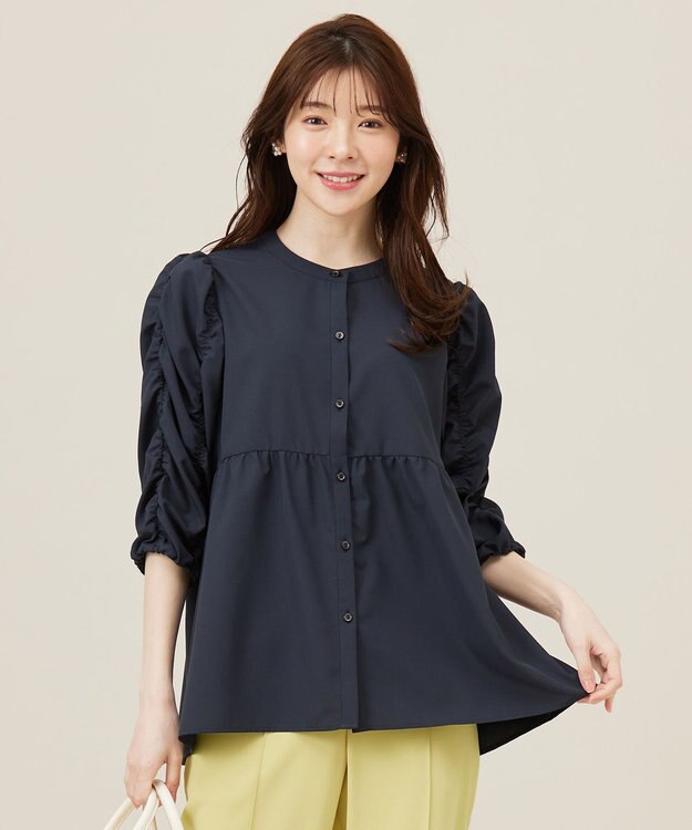 ANY SIS 【洗える】ギャザースリーブ ブラウス ネイビー