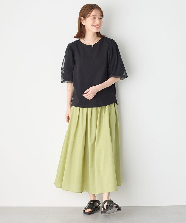 ANY 【ウエストゴム】シャンブレーライクフレアスカート アップルグリーン