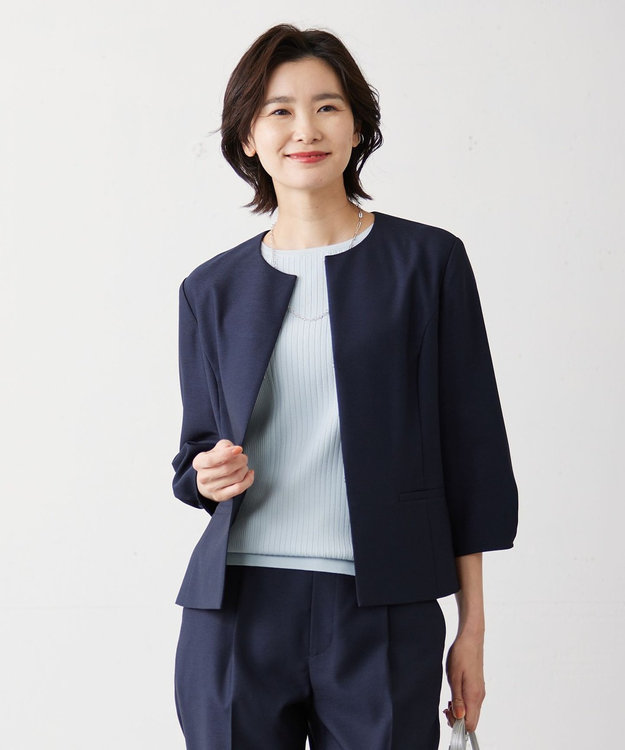J.PRESS LADIES L 【洗える】FLAXASAオックス ノーカラー ジャケット ネイビー系