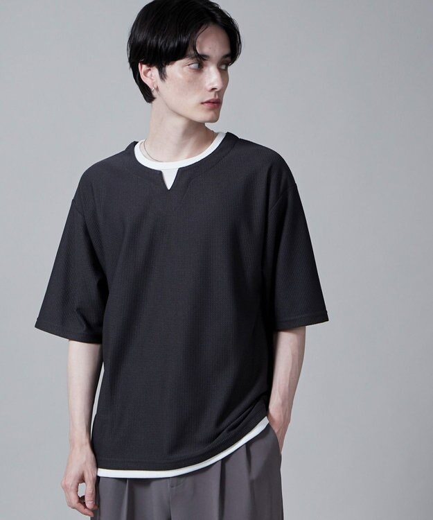 WEGO フェイクレイヤードキーネックT（S） ダークグレー