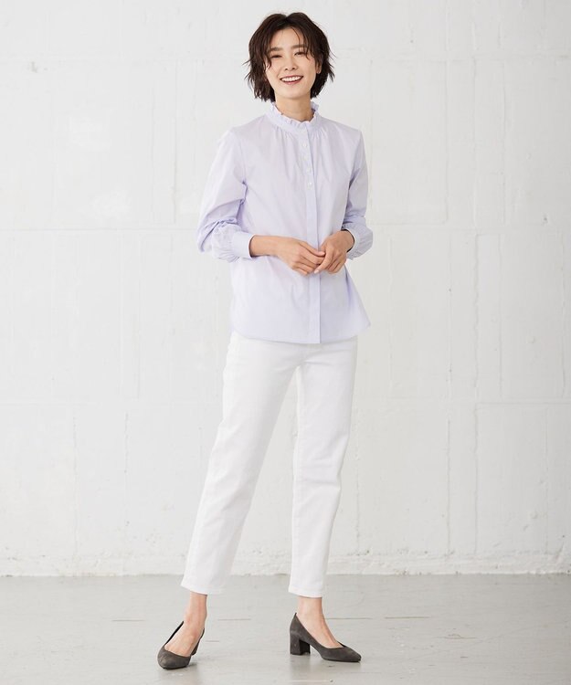 J.PRESS LADIES 【洗える】 BEZ VEGA フリル ストライプ ブラウス ふじ色系1