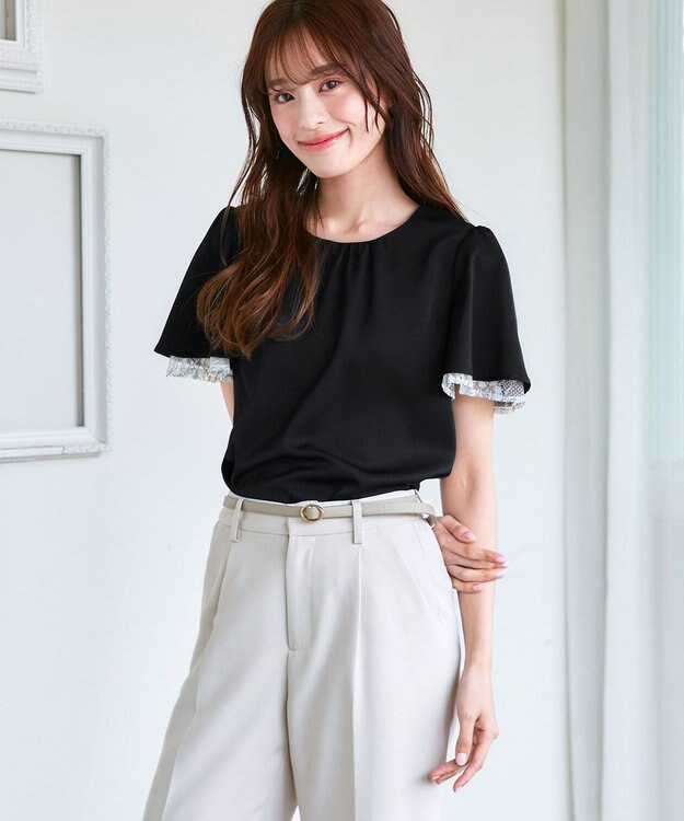 Tiaclasse 【洗える】袖レースレイヤードブラウス ブラック×オフ