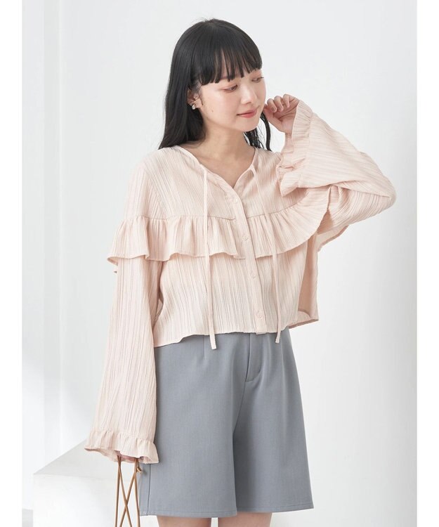 earth music&ecology フリル切替えショートブラウス Pink Beige