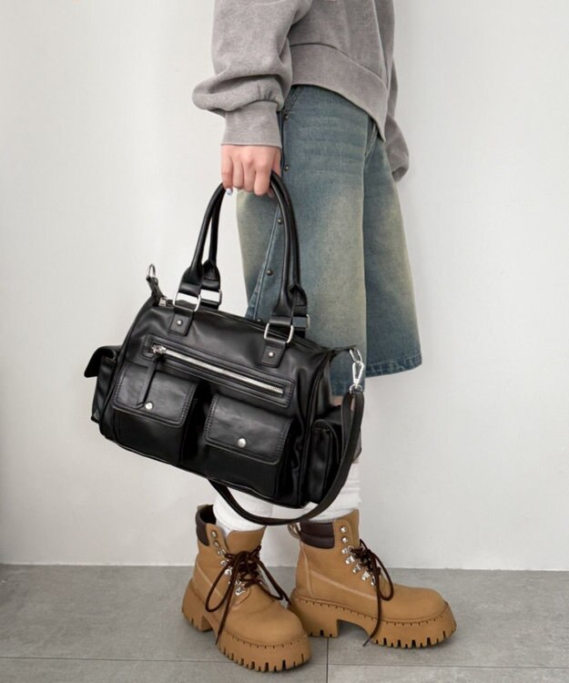 WEGO ポケットデザインボストンショルダー ブラック