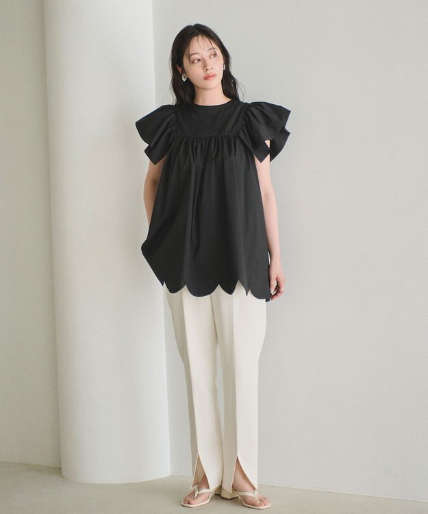 #Newans 【イージーケア】スカラップヘムチュニックブラウス ブラック系