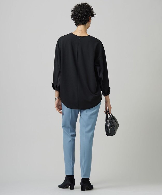 ICB L 【洗える】ジョーゼットジャージー 異素材コンビプルオーバー ブラック系