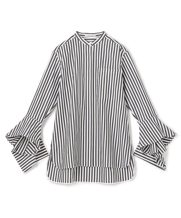 BEIGE， PERSIMMON / バンドカラーシャツ Black Stripe