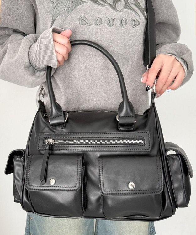 WEGO ポケットデザインボストンショルダー ブラック