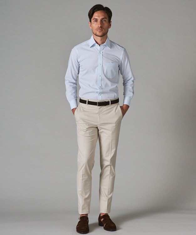 GOTAIRIKU 春夏向け【形態安定】SUMMERPREMIUMPLEATS_スモールワイドカラー 長袖ドレスシャツ（ストライプ/チェック） サックスブルー系1