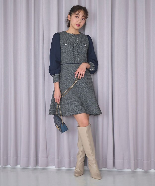 Feroux 【洗える】ツイードコンビミディ ワンピース ネイビー系