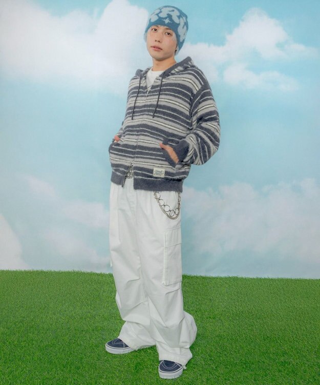 WEGO 【ユニセックス着用ITEM】シャギーボーダーニットパーカー ネイビー