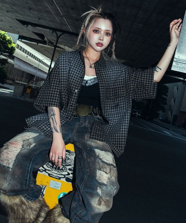 WEGO 【ユニセックス着用ITEM】ブリーチチェックロゴシャツ（SS） ブラックチェック1