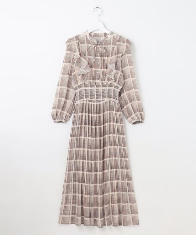 Feroux 【洗える】プリーツ ワンピース ダークブラウン系（チェック柄）