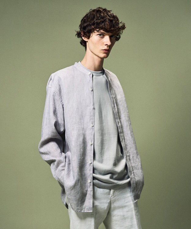 JOSEPH HOMME ノルマンディリネントロピカル　バンドカラーシャツ ライトグレー系