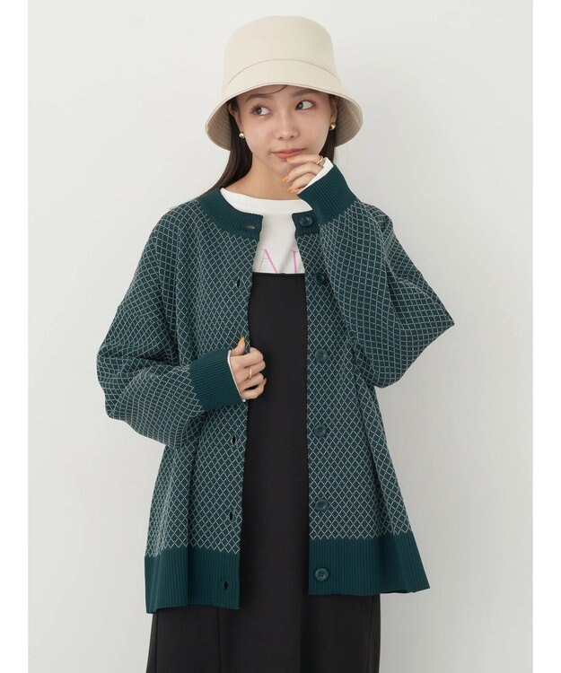earth music&ecology ダイヤ柄ジャガードカーディガン Dark Green