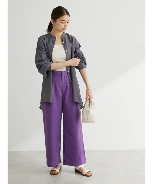 Green Parks 綿麻混タックストレートワイドパンツ Deep Purple