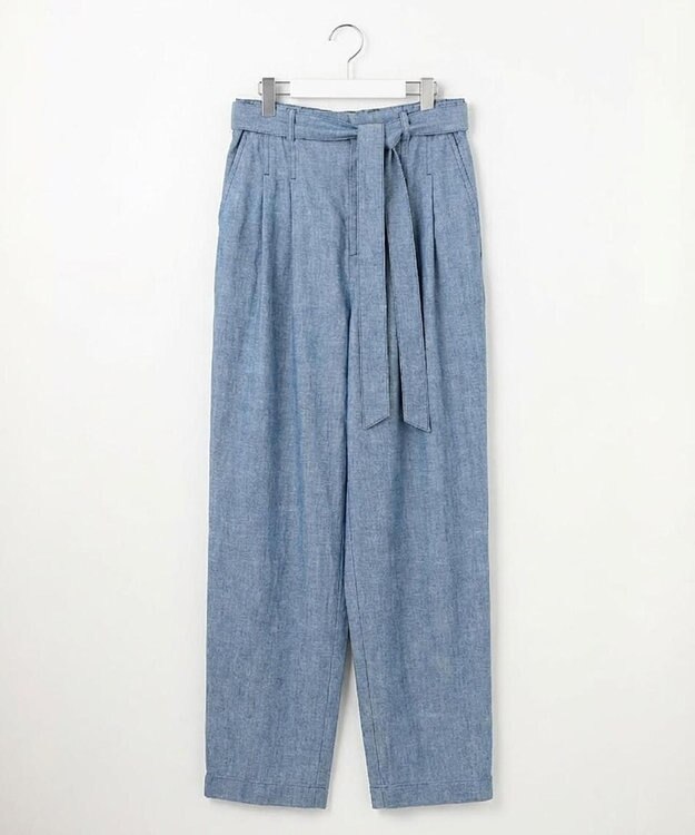 自由区 コットンリネンシャンブレーテーパード パンツ ライトブルー系