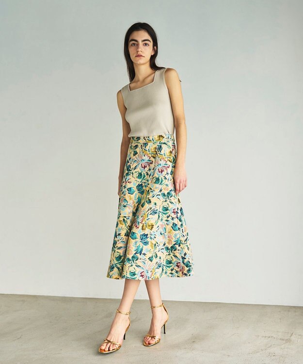 GRACE CONTINENTAL フラワージャガードフレアスカート イエロー