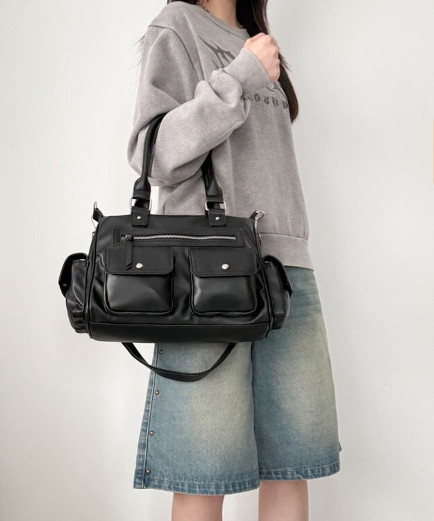WEGO ポケットデザインボストンショルダー ブラック