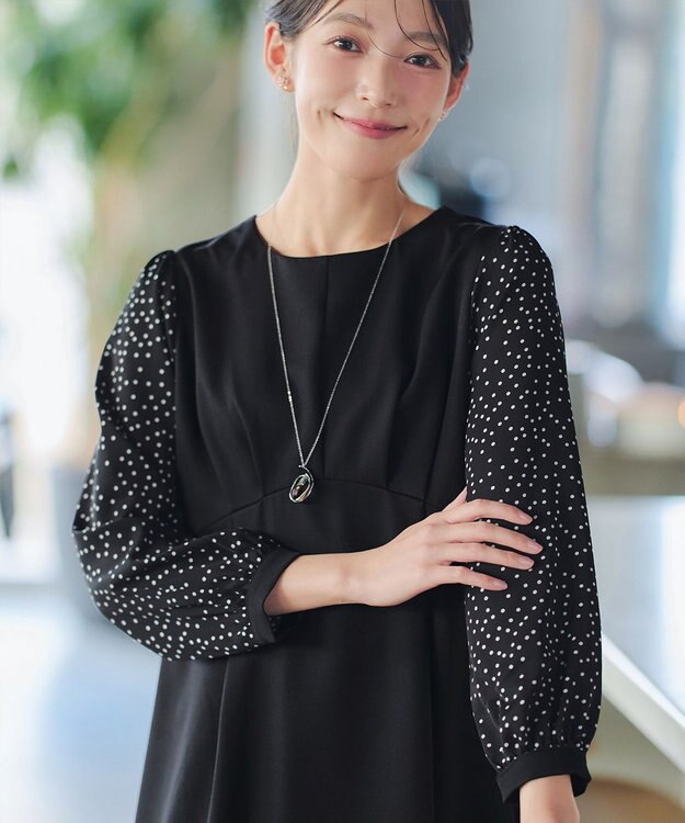 Tiaclasse L ドット柄コンビバックリボンタックワンピース ブラック