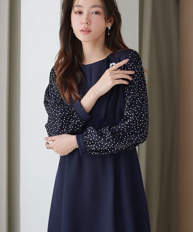Tiaclasse L ドット柄コンビバックリボンタックワンピース ネイビー