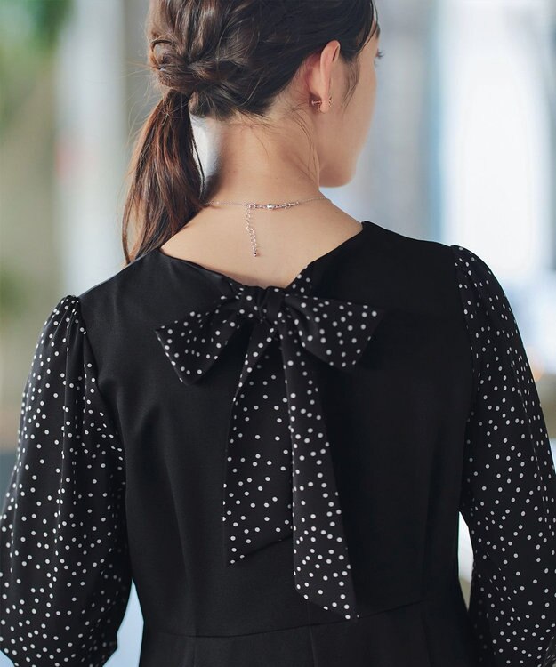 Tiaclasse L ドット柄コンビバックリボンタックワンピース ブラック