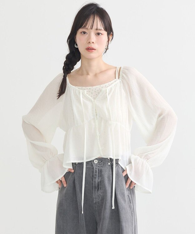 earth music&ecology ナローリボンくしゅくしゅギャザーブラウス Ivory