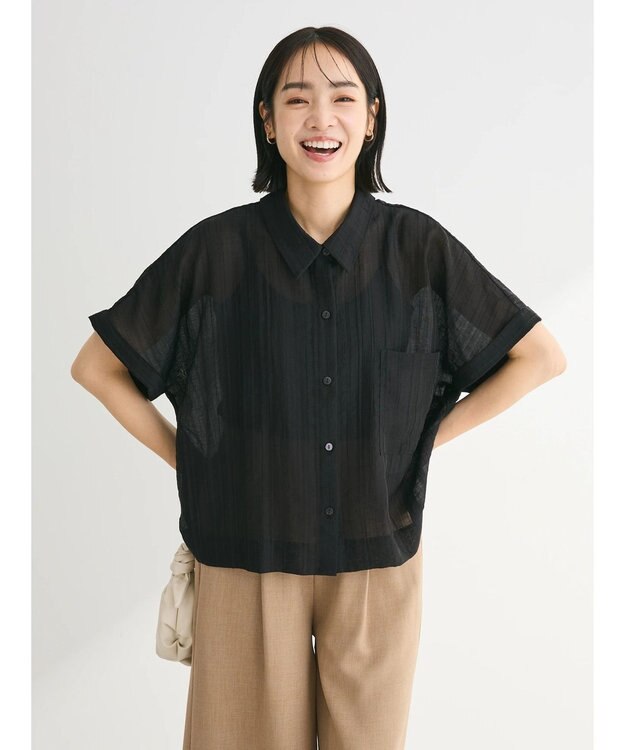 Green Parks シアーストライプショート丈シャツ Black