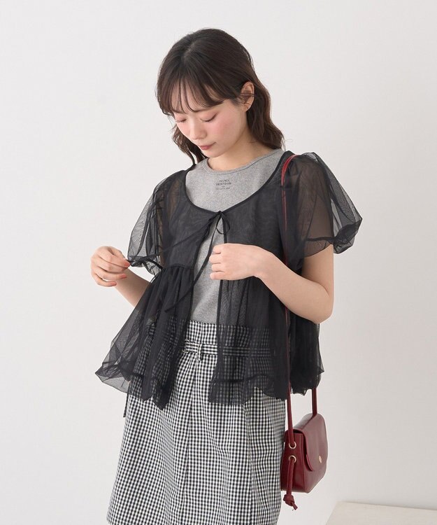 earth music&ecology ＳＥＴ２点チュールバルーンブラウス＋ロゴタンク Black