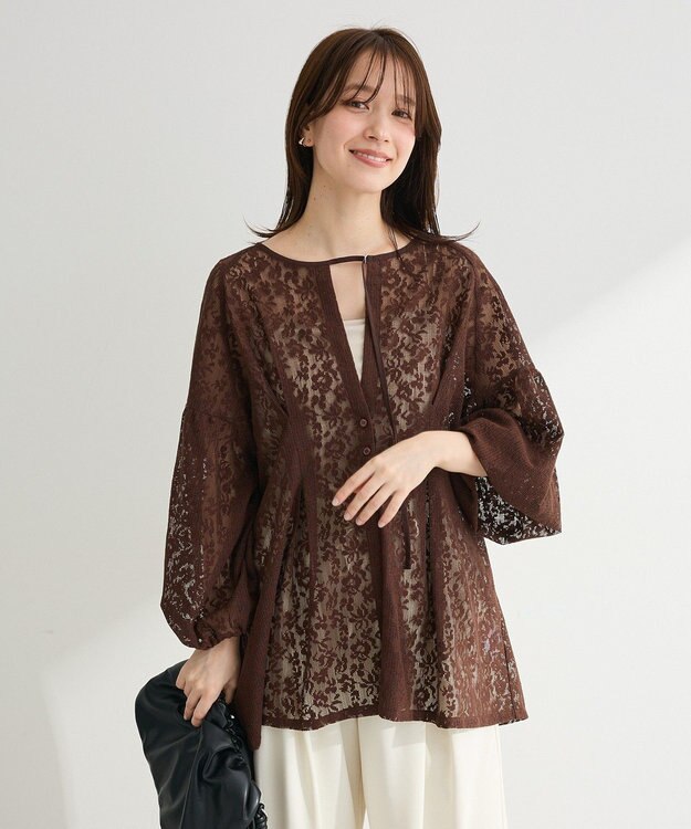 Green Parks メッシュレースタック入りプルオーバー Brown