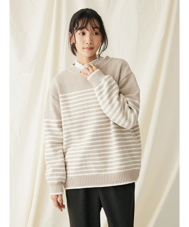 CRAFT STANDARD BOUTIQUE 洗えるモールニットボーダープルオーバー Gray Beige