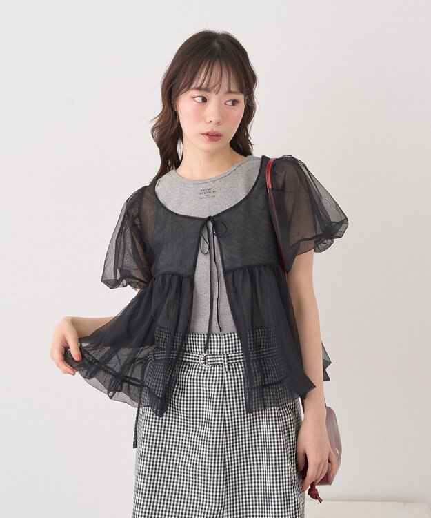 earth music&ecology ＳＥＴ２点チュールバルーンブラウス＋ロゴタンク Black