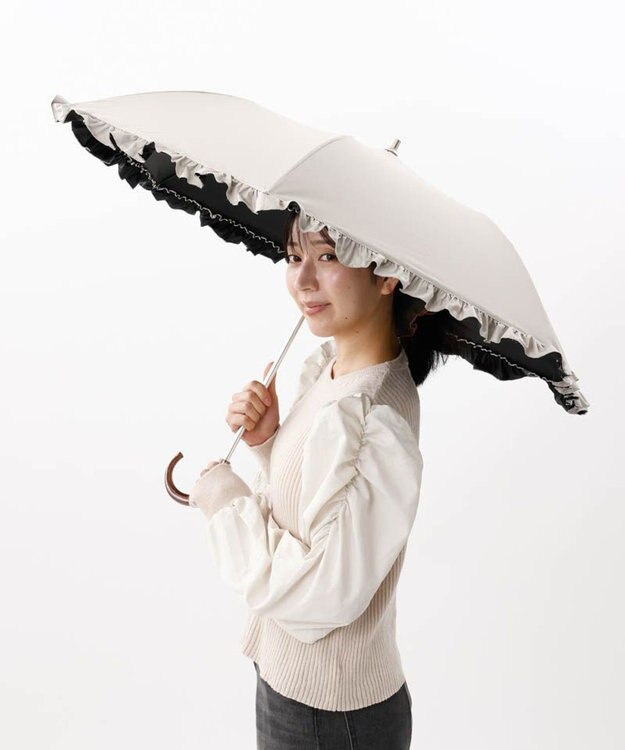 AURORA 【WEB限定】 フリル晴雨兼用傘（折りたたみ・トップフラット） ライトベージュ