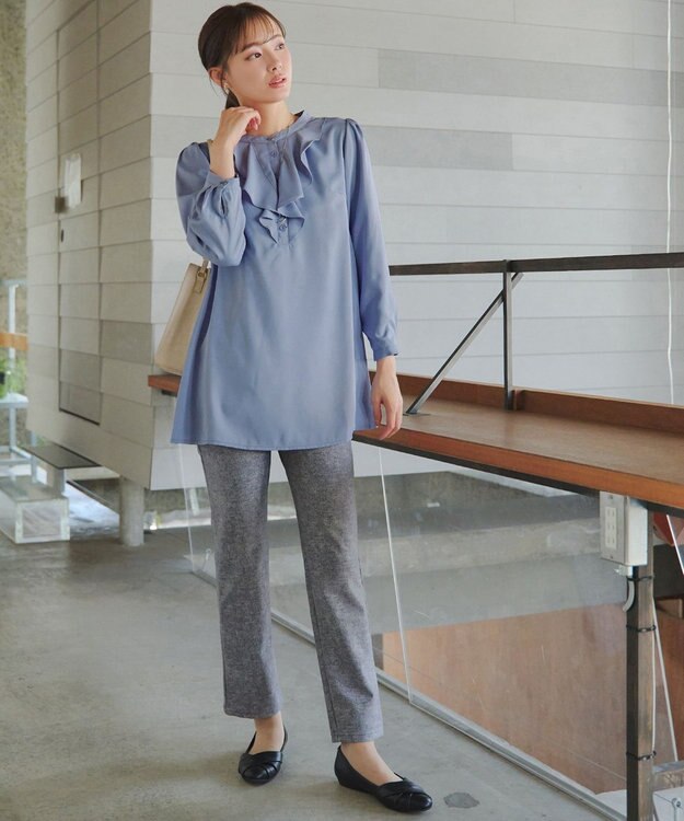 Tiaclasse L 【スマート裏起毛・洗える】フリルチュニック ブルー