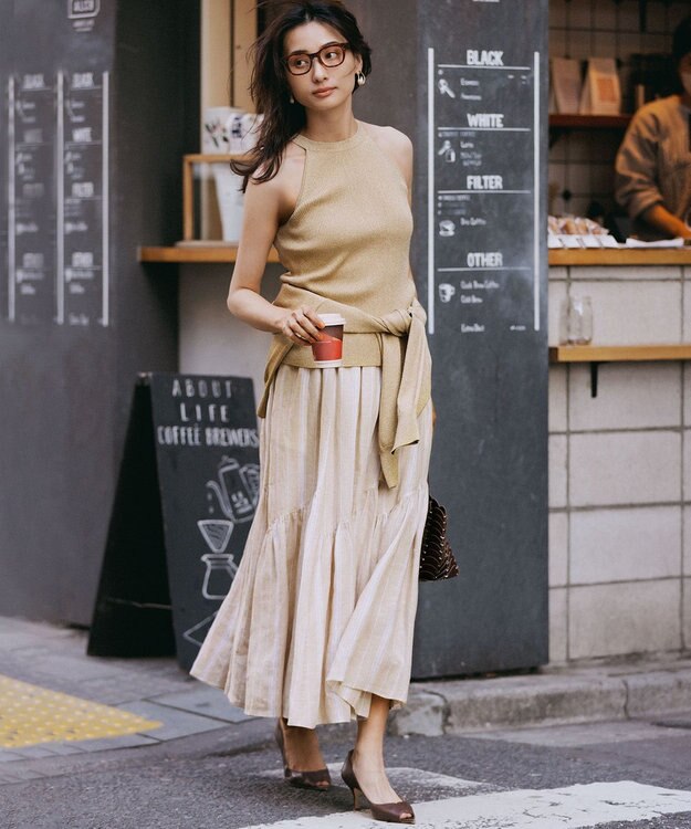 23区 【洗える】LIBECO ティアード スカート ベージュ×ホワイトストライプ