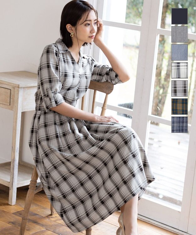 Tiaclasse L 【洗える】小顔効果も期待できるスキッパーシャツワンピース グレージュチェック