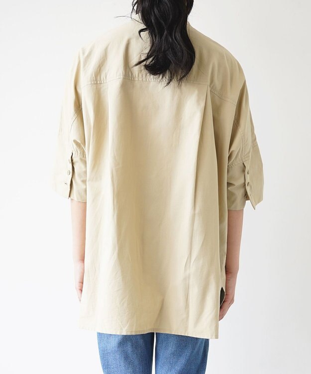 WHITE MAILS COTTON PAPER  POPLIN BAND COLLAR DOLMAN SLEEVE SHIRT　コットンポプリン 半袖シャツ ベージュ