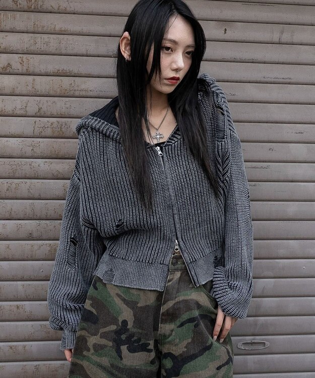 WEGO ダメージニットジップパーカー スミクロ