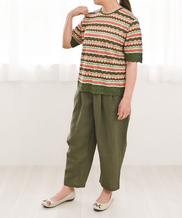 muuc 〈高品質シルク100%〉透かしレース編み シルクマルチボーダー半袖プルオーバー グリーンオレンジ