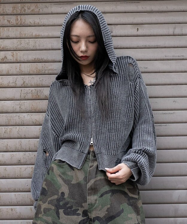 WEGO ダメージニットジップパーカー スミクロ