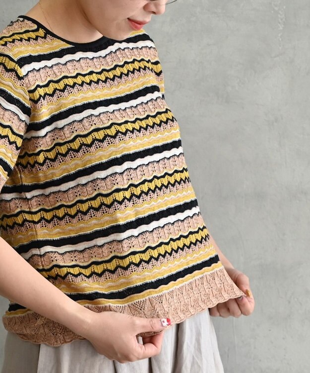 muuc 〈高品質シルク100%〉透かしレース編み シルクマルチボーダー半袖プルオーバー ブロンズブラック