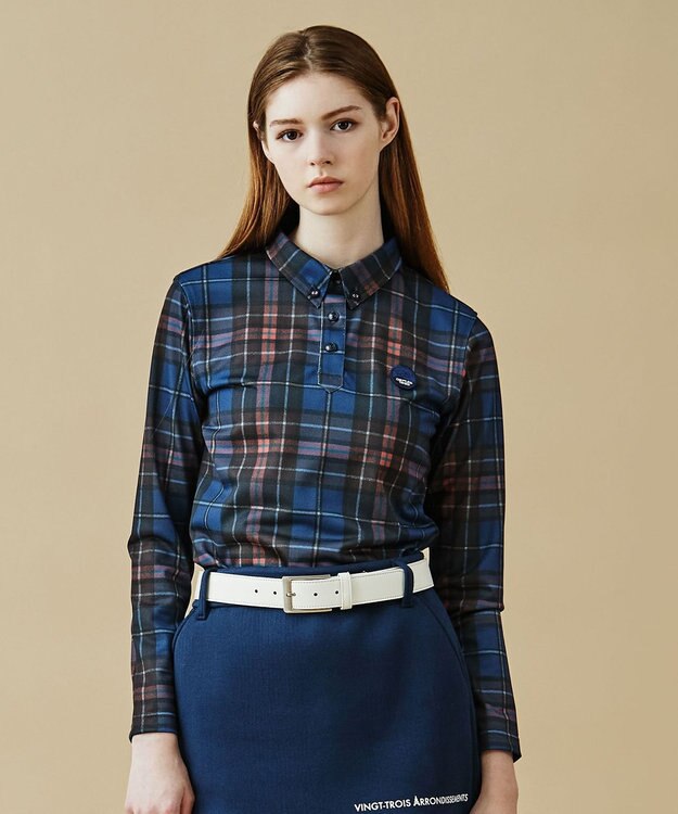 23区GOLF 【WOMEN】【日本製】チェック柄 長袖ポロシャツ ネイビー系3