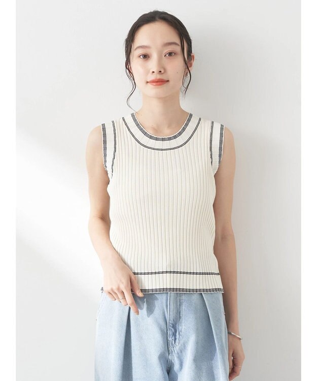 earth music&ecology ノースリーブラインニットプルオーバー Ivory