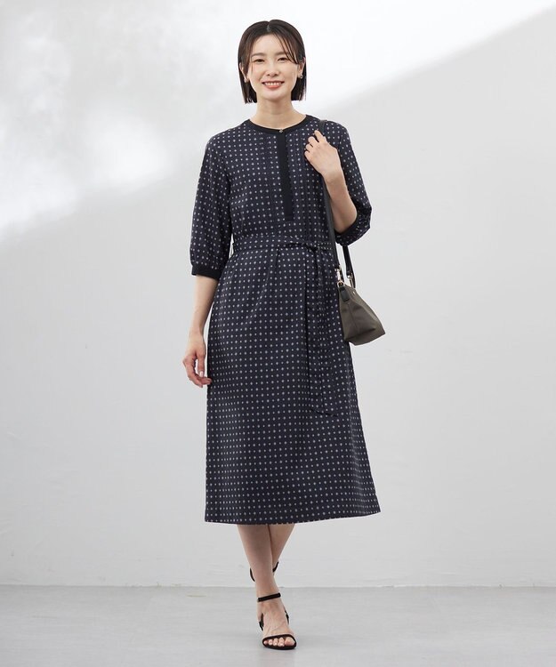 J.PRESS LADIES S 【洗える】ジオメトリックプリント ワンピース ネイビー系