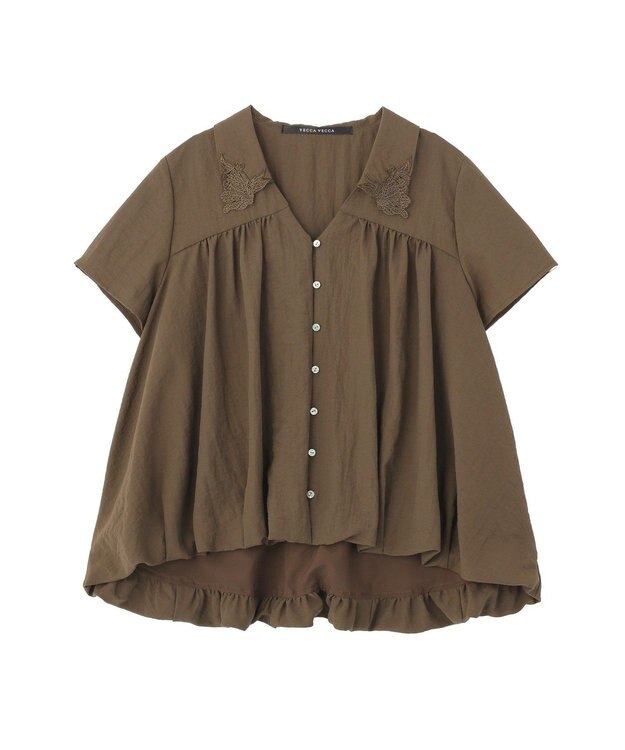 YECCA VECCA 刺繍カラーバルーンヘムブラウス Brown