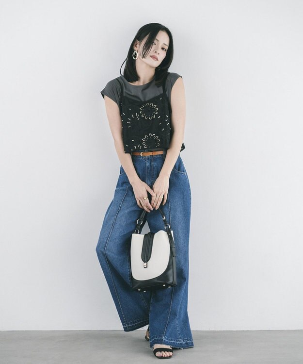 YECCA VECCA 【2点SET】刺繍メッシュキャミセットコットンTee Black